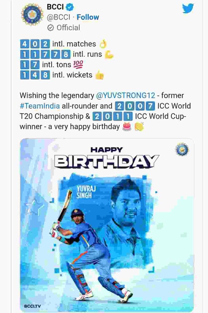 Yuvraj Singh Birthday: BCCI wishes birthday to legend Yuvraj Singh
