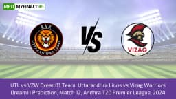 UTL vs VZW Dream11 Prediction Today Match, Dream11 Team Today, Fantasy Cricket Tips, Pitch Report, & Player Stats, Andhra Premier League, 2024, Match 12