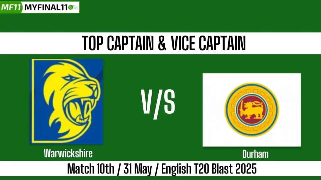 WAR vs DUR Top 3 Captain and Vice-Captain Pick for 10th Match – English T20 Blast 2025