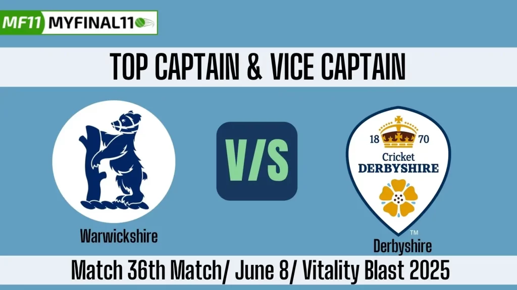 WAR vs DER Top 3 Captain and Vice-Captain Pick for 36th Match – Vitality Blast 2025