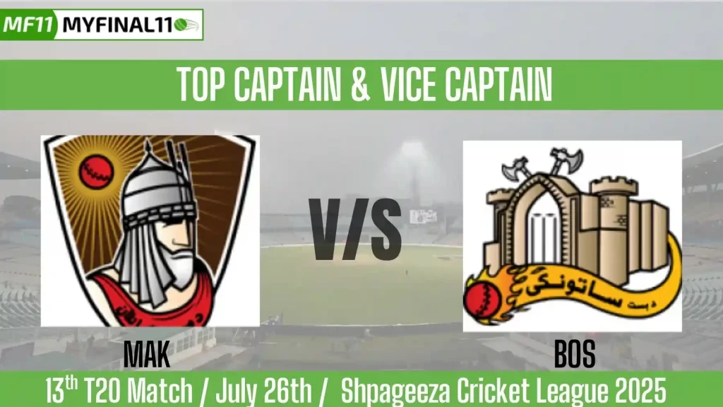 MAK vs BOS Top 3 Captain and Vice-Captain Pick for 13th T20 Match – Afghanistan T20 Shpageeza Cricket League 2025