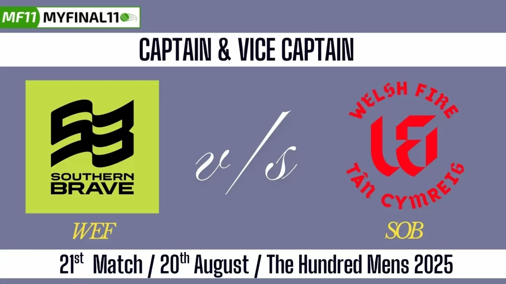 WEF vs SOB Top 3 Captain and Vice-Captain Pick for 21st Match – The Hundred Mens 2025
