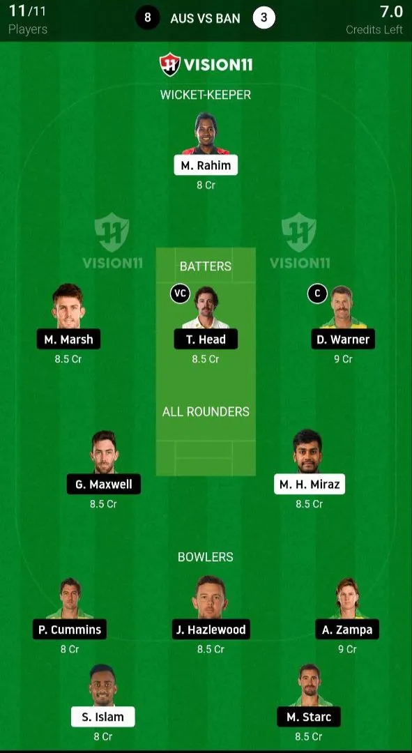AUS vs BAN Dream11 Prediction