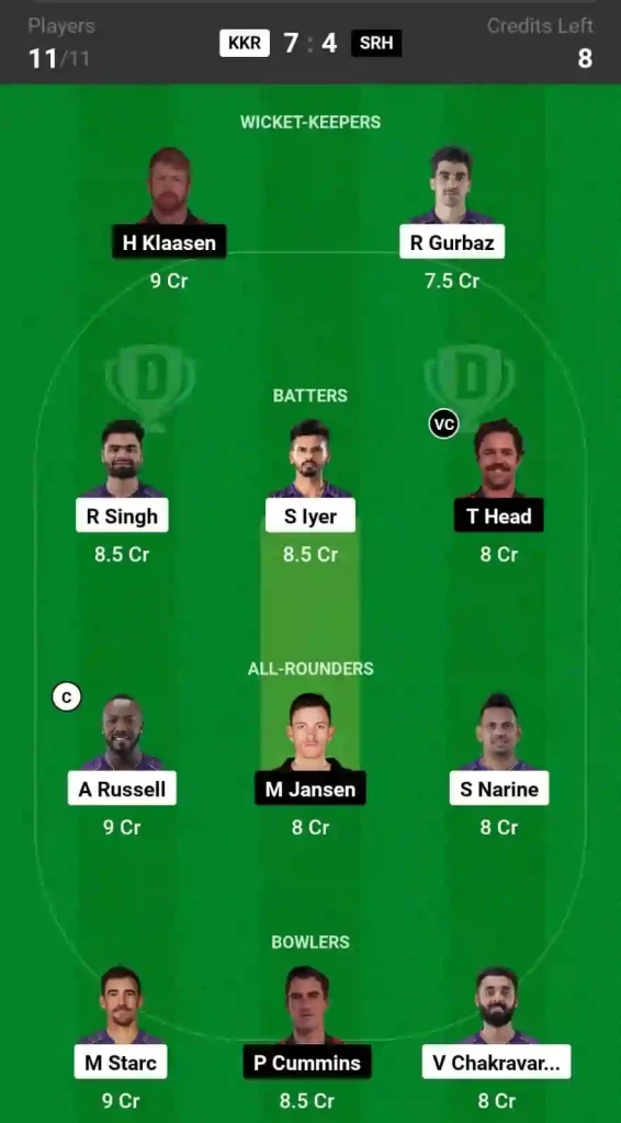 KKR vs SRH Dream11 GL Prediction