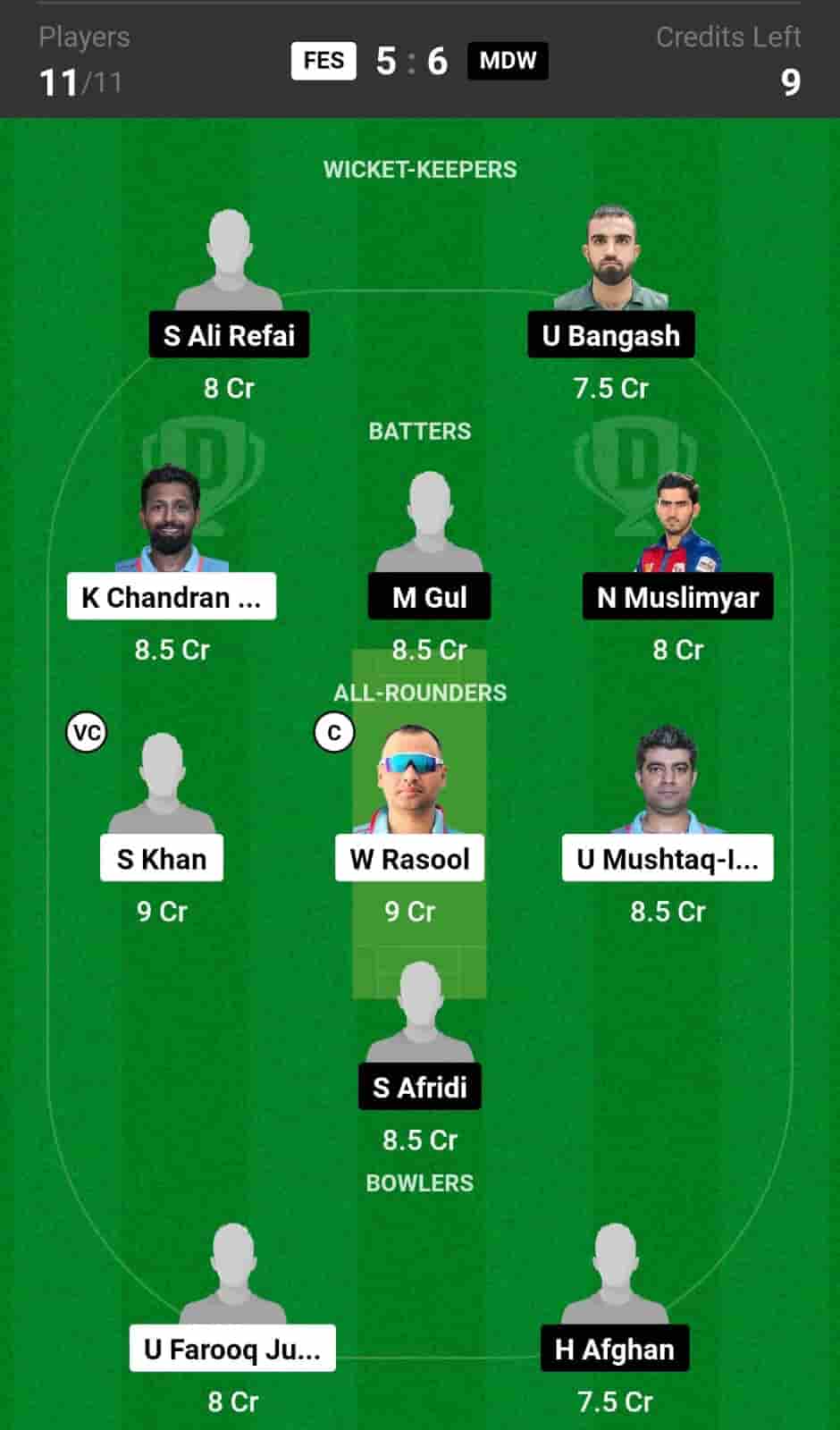 FES vs MDW Dream11 Prediction -&nbsp; S Khan and W Rasool Will be good option for C & Vc in Your Dream11 Fantasy Team
