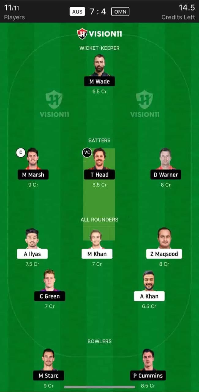 AUS vs OMN Dream11 Team Today - Travis Head, Mitchell Starc, and M Marsh will be the good option for C & VC