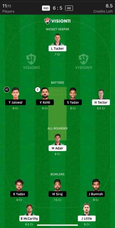 IND vs IRE Dream11 Prediction Team 2
