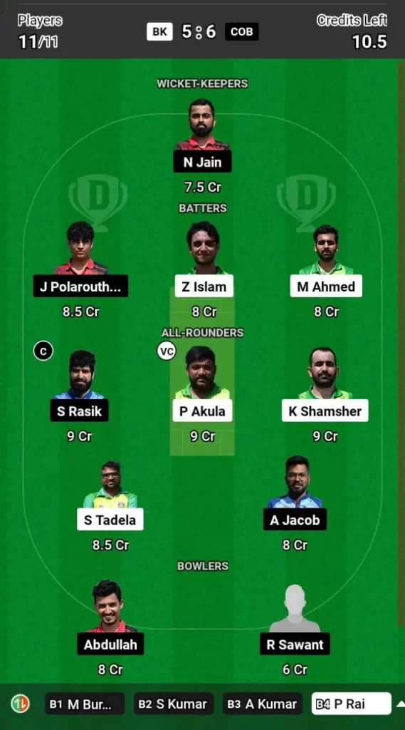 BK vs COB Dream11 Team Prediction Today Match