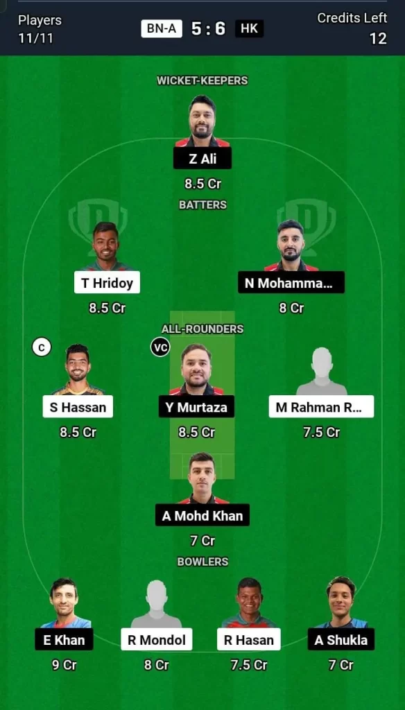 BN-A vs HKG Dream11 Team Prediction Today Match